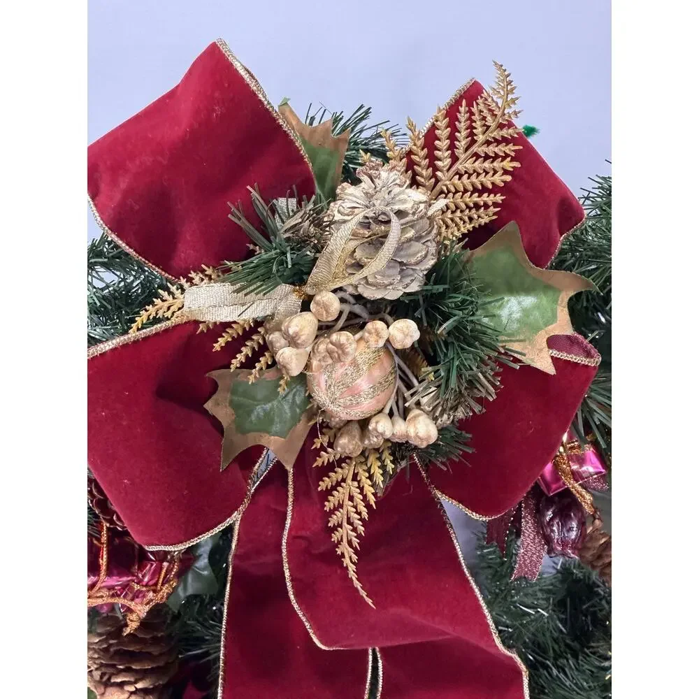 Christmas Wreath Burgundy Velvet Bow Pinecones Apples Berries Holiday Decor